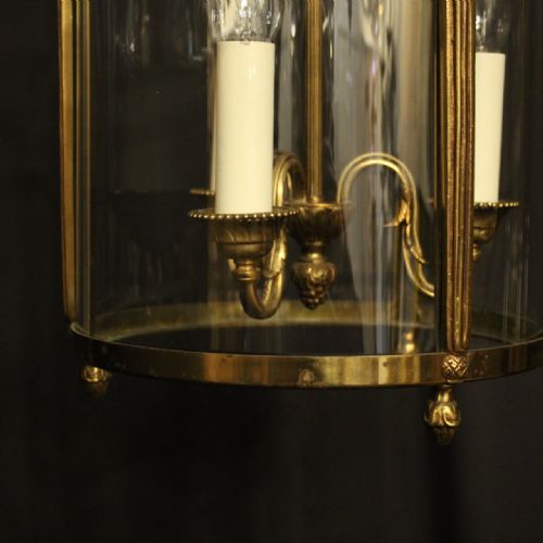FRENCH GILDED TRIPLE LIGHT CONVEX ANTIQUE HALL LANTERN - ADDITIONAL PHOTO 5