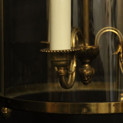 FRENCH GILDED TRIPLE LIGHT CONVEX ANTIQUE HALL LANTERN - ADDITIONAL PHOTO 7