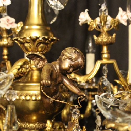 FRENCH 19TH CENTURY GILDED BRONZE CHERUB ANTIQUE CHANDELIER - ADDITIONAL PHOTO 5