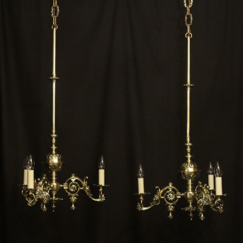 english pair of brass triple light antique gasoliers - CATEGORY: ANTIQUE LIGHTING - DATED 19TH CENTURY
