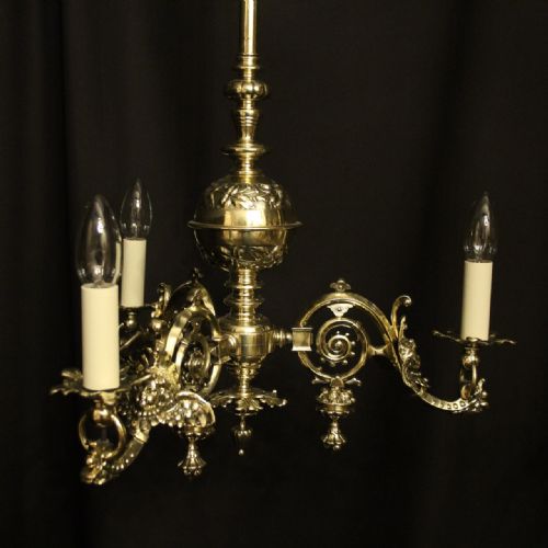 ENGLISH PAIR OF BRASS TRIPLE LIGHT ANTIQUE GASOLIERS - ADDITIONAL PHOTO 1