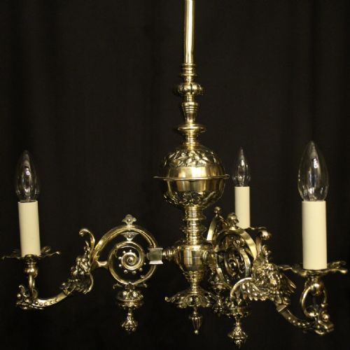 ENGLISH PAIR OF BRASS TRIPLE LIGHT ANTIQUE GASOLIERS - ADDITIONAL PHOTO 2