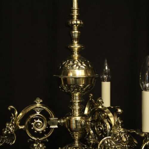 ENGLISH PAIR OF BRASS TRIPLE LIGHT ANTIQUE GASOLIERS - ADDITIONAL PHOTO 3