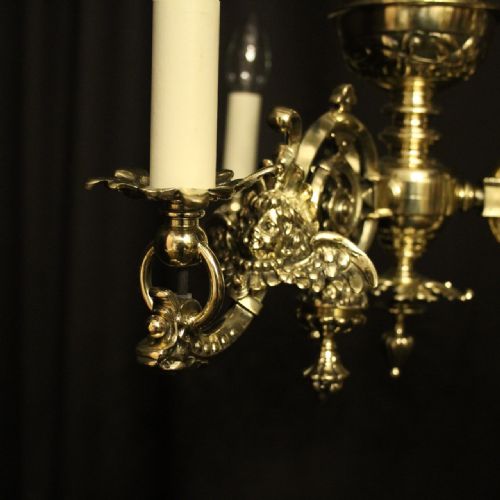 ENGLISH PAIR OF BRASS TRIPLE LIGHT ANTIQUE GASOLIERS - ADDITIONAL PHOTO 4