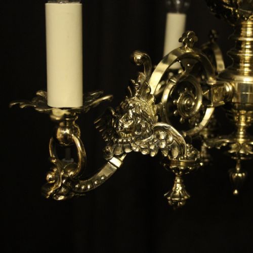 ENGLISH PAIR OF BRASS TRIPLE LIGHT ANTIQUE GASOLIERS - ADDITIONAL PHOTO 5