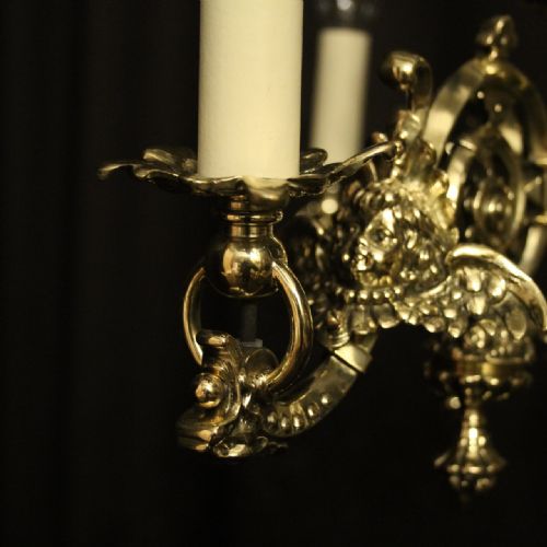 ENGLISH PAIR OF BRASS TRIPLE LIGHT ANTIQUE GASOLIERS - ADDITIONAL PHOTO 6
