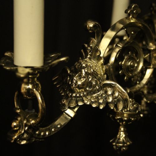 ENGLISH PAIR OF BRASS TRIPLE LIGHT ANTIQUE GASOLIERS - ADDITIONAL PHOTO 7