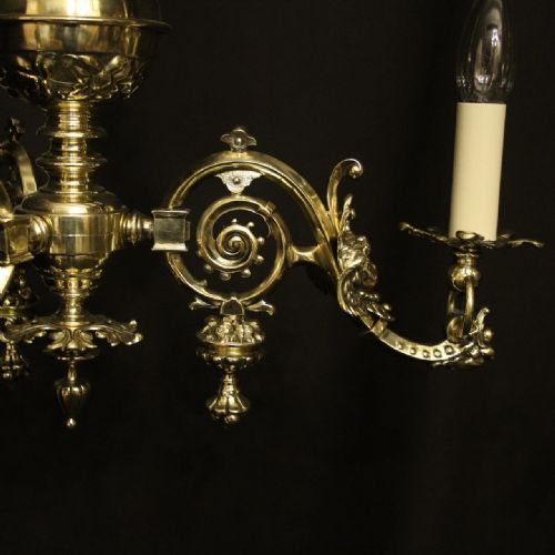 ENGLISH PAIR OF BRASS TRIPLE LIGHT ANTIQUE GASOLIERS - ADDITIONAL PHOTO 8