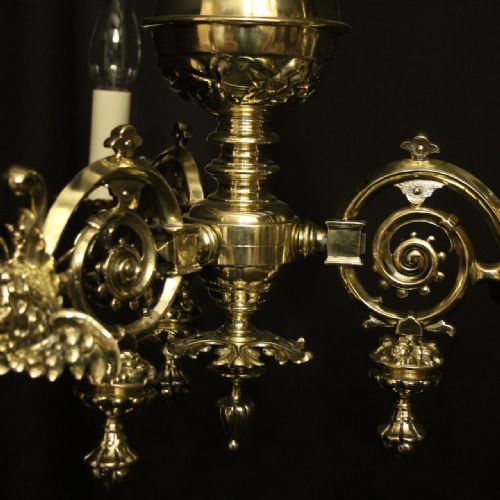 ENGLISH PAIR OF BRASS TRIPLE LIGHT ANTIQUE GASOLIERS - ADDITIONAL PHOTO 9