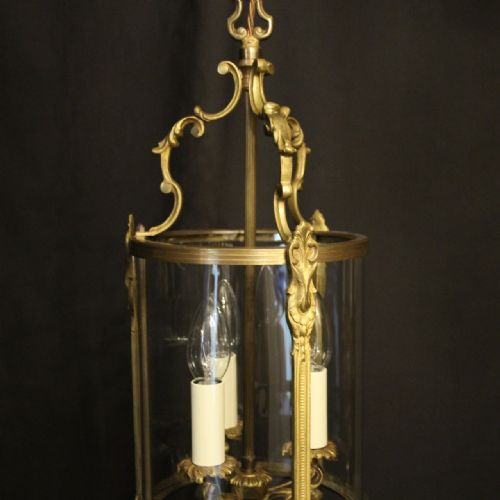 FRENCH GILDED CONVEX TRIPLE LIGHT ANTIQUE HALL LANTERN - ADDITIONAL PHOTO 1