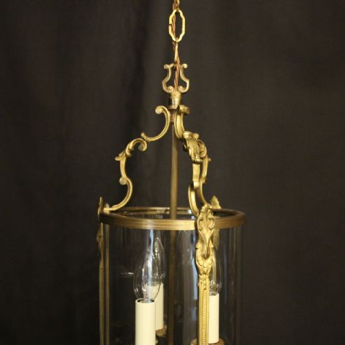 FRENCH GILDED CONVEX TRIPLE LIGHT ANTIQUE HALL LANTERN - ADDITIONAL PHOTO 2