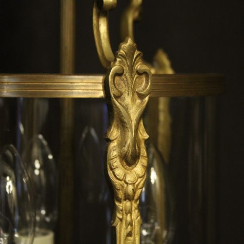 FRENCH GILDED CONVEX TRIPLE LIGHT ANTIQUE HALL LANTERN - ADDITIONAL PHOTO 5