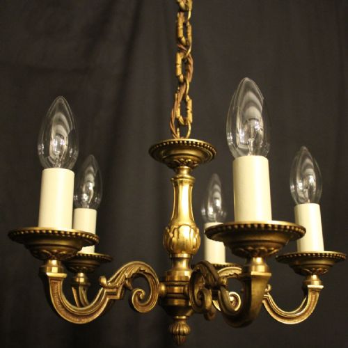 FRENCH GILDED BRASS 5 LIGHT ANTIQUE CHANDELIER - ADDITIONAL PHOTO 1