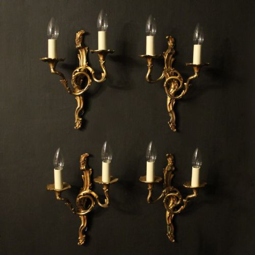 french set of 4 gilded opposing twin arm wall lights - CATEGORY: ANTIQUE LIGHTING - DATED 1930