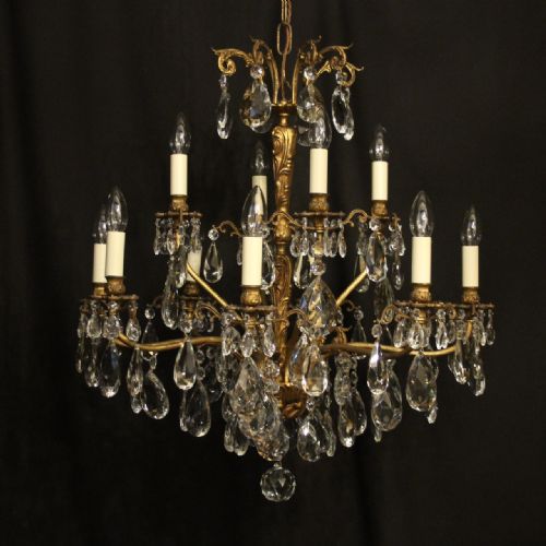 italian 12 light gilded bronze crystal antique chandelier - CATEGORY: ANTIQUE LIGHTING - DATED 1920