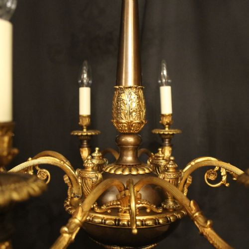 FRENCH GILDED BRONZE 8 LIGHT ANTIQUE CHANDELIER - ADDITIONAL PHOTO 5