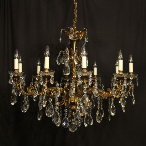 italian gilded bronze crystal 10 light antique chandelier - CATEGORY: ANTIQUE LIGHTING - DATED 1920