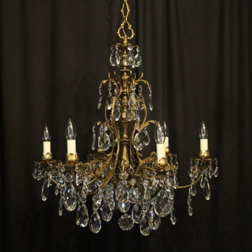 italian gilded bronze crystal 6 light antique chandelier - CATEGORY: ANTIQUE LIGHTING - DATED 1910