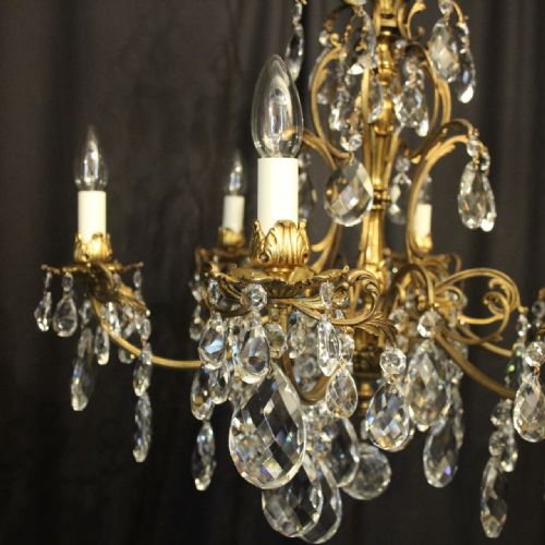 ITALIAN GILDED BRONZE CRYSTAL 6 LIGHT ANTIQUE CHANDELIER - ADDITIONAL PHOTO 4