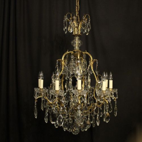 french gilded bronze crystal 11 light birdcage antique chandelier - CATEGORY: ANTIQUE LIGHTING - DATED 1910
