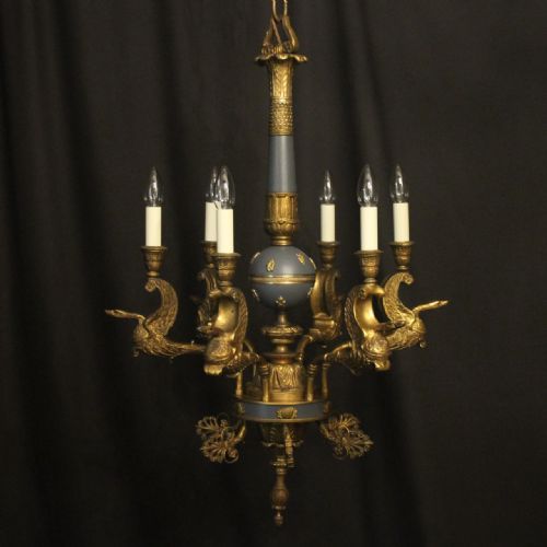 empire 19th century gilded bronze 6 light antique chandelier - CATEGORY: ANTIQUE LIGHTING - DATED 19TH CENTURY