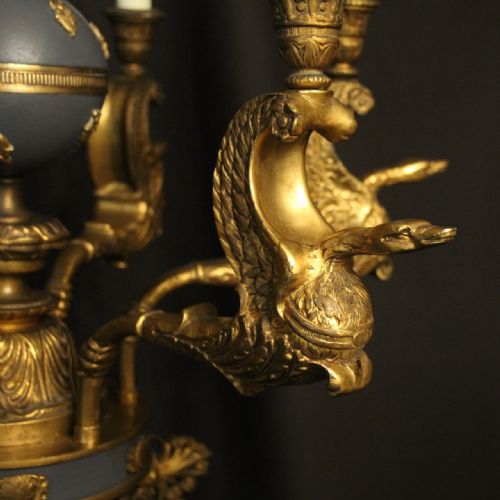 EMPIRE 19TH CENTURY GILDED BRONZE 6 LIGHT ANTIQUE CHANDELIER - ADDITIONAL PHOTO 5