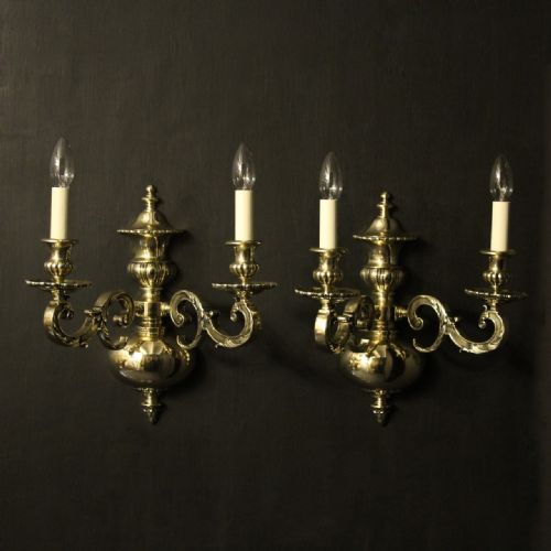english pair of brass twin arm antique wall lights - CATEGORY: ANTIQUE LIGHTING - DATED 1920
