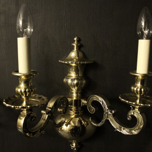ENGLISH PAIR OF BRASS TWIN ARM ANTIQUE WALL LIGHTS - ADDITIONAL PHOTO 2