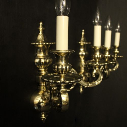 ENGLISH PAIR OF BRASS TWIN ARM ANTIQUE WALL LIGHTS - ADDITIONAL PHOTO 6