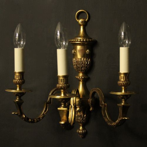 FRENCH PAIR OF GILDED TRIPLE ARM ANTIQUE WALL LIGHTS - ADDITIONAL PHOTO 1