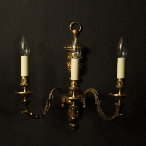 FRENCH PAIR OF GILDED TRIPLE ARM ANTIQUE WALL LIGHTS - ADDITIONAL PHOTO 3