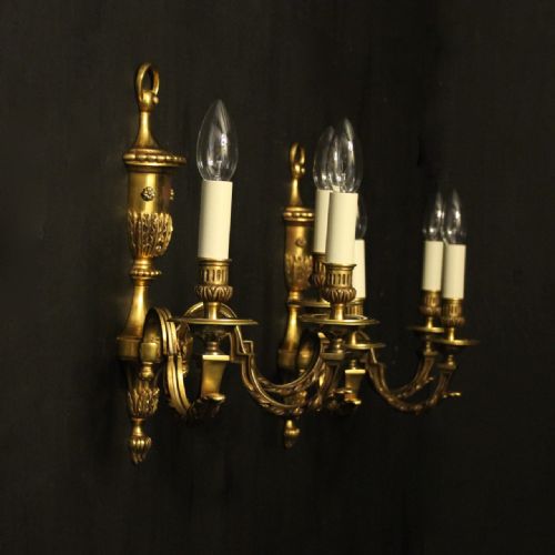 FRENCH PAIR OF GILDED TRIPLE ARM ANTIQUE WALL LIGHTS - ADDITIONAL PHOTO 9