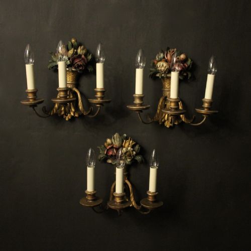 french set of three polychrome triple arm wall lights - CATEGORY: ANTIQUE LIGHTING - DATED 1930