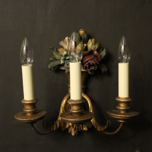 FRENCH SET OF THREE POLYCHROME TRIPLE ARM WALL LIGHTS - ADDITIONAL PHOTO 1