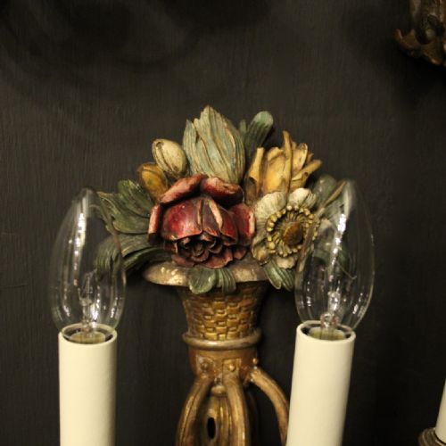 FRENCH SET OF THREE POLYCHROME TRIPLE ARM WALL LIGHTS - ADDITIONAL PHOTO 3