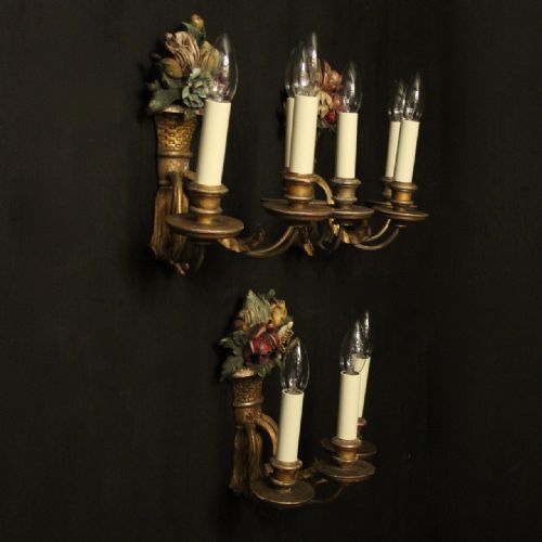 FRENCH SET OF THREE POLYCHROME TRIPLE ARM WALL LIGHTS - ADDITIONAL PHOTO 9