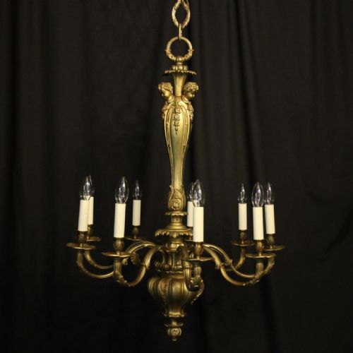 english gilded bronze cherub 8 light chandelier - CATEGORY: ANTIQUE LIGHTING - DATED 19TH CENTURY