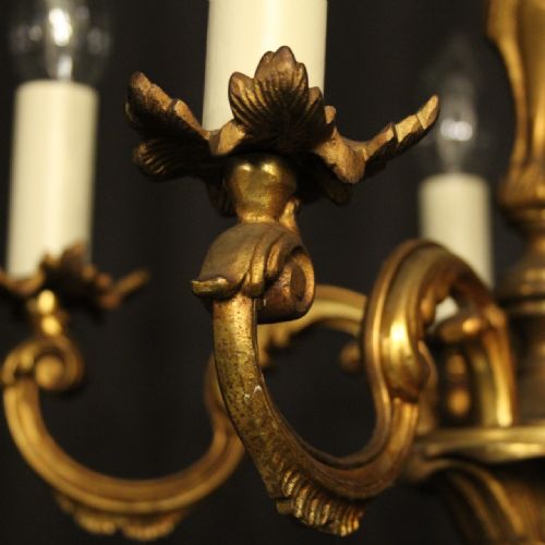 FRENCH SMALL GILDED BRASS 5 LIGHT ANTIQUE CHANDELIER - ADDITIONAL PHOTO 4