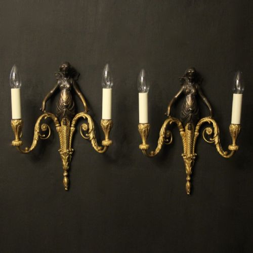 french pair of gilded bronze twin arm antique wall sconces - CATEGORY: ANTIQUE LIGHTING - DATED 1920
