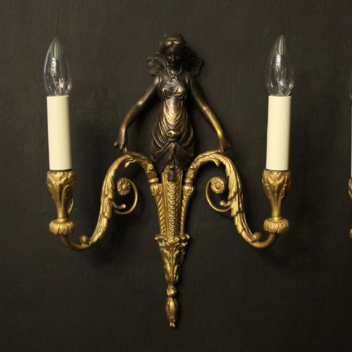 FRENCH PAIR OF GILDED BRONZE TWIN ARM ANTIQUE WALL SCONCES - ADDITIONAL PHOTO 1