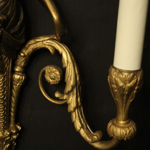 FRENCH PAIR OF GILDED BRONZE TWIN ARM ANTIQUE WALL SCONCES - ADDITIONAL PHOTO 3
