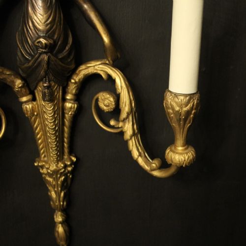 FRENCH PAIR OF GILDED BRONZE TWIN ARM ANTIQUE WALL SCONCES - ADDITIONAL PHOTO 5