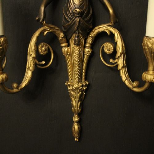 FRENCH PAIR OF GILDED BRONZE TWIN ARM ANTIQUE WALL SCONCES - ADDITIONAL PHOTO 6