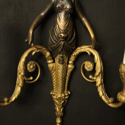 FRENCH PAIR OF GILDED BRONZE TWIN ARM ANTIQUE WALL SCONCES - ADDITIONAL PHOTO 7