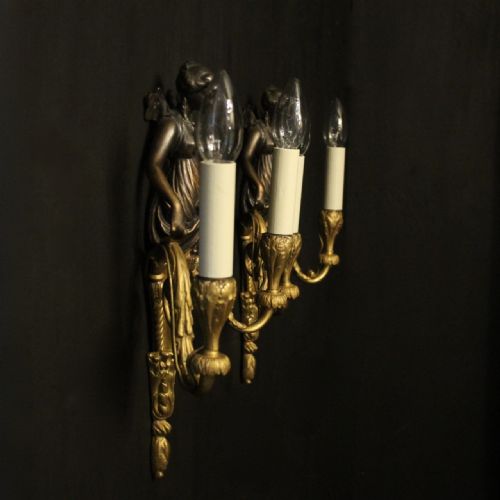 FRENCH PAIR OF GILDED BRONZE TWIN ARM ANTIQUE WALL SCONCES - ADDITIONAL PHOTO 9
