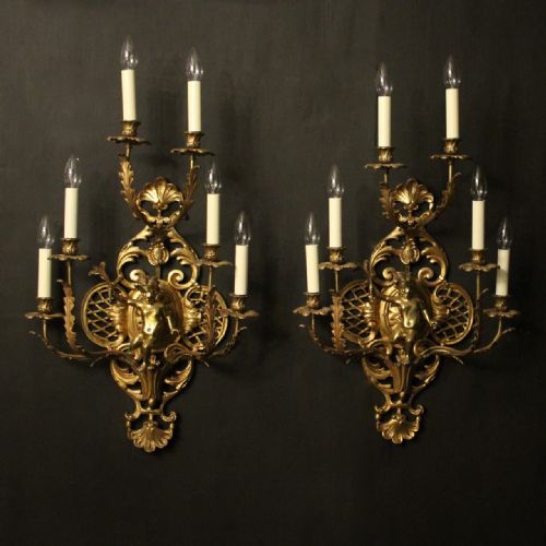 french pair of cherub gilded brass wall lights - CATEGORY: ANTIQUE LIGHTING - DATED 1930