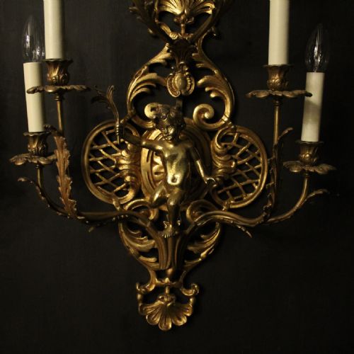 FRENCH PAIR OF CHERUB GILDED BRASS WALL LIGHTS - ADDITIONAL PHOTO 1