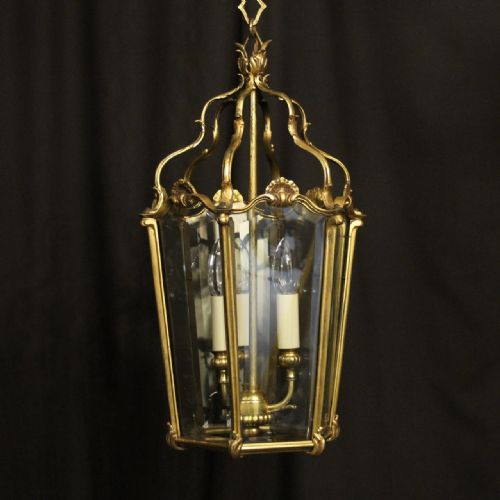 french gilded bronze triple light antique hall lantern - CATEGORY: ANTIQUE LIGHTING - DATED 1920