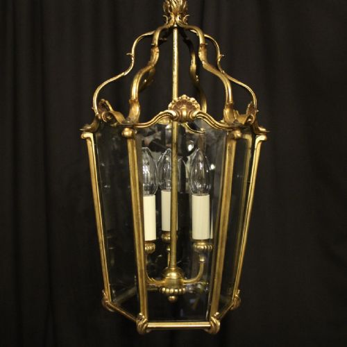 FRENCH GILDED BRONZE TRIPLE LIGHT ANTIQUE HALL LANTERN - ADDITIONAL PHOTO 1