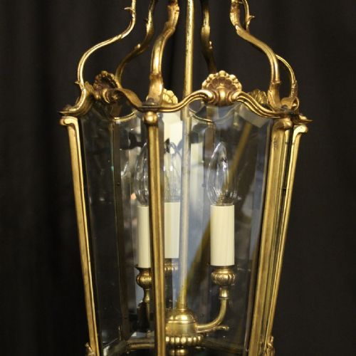 FRENCH GILDED BRONZE TRIPLE LIGHT ANTIQUE HALL LANTERN - ADDITIONAL PHOTO 2